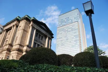 Bank of Japan building with the Nihon-bashi Mitsui Tower in the bakcground