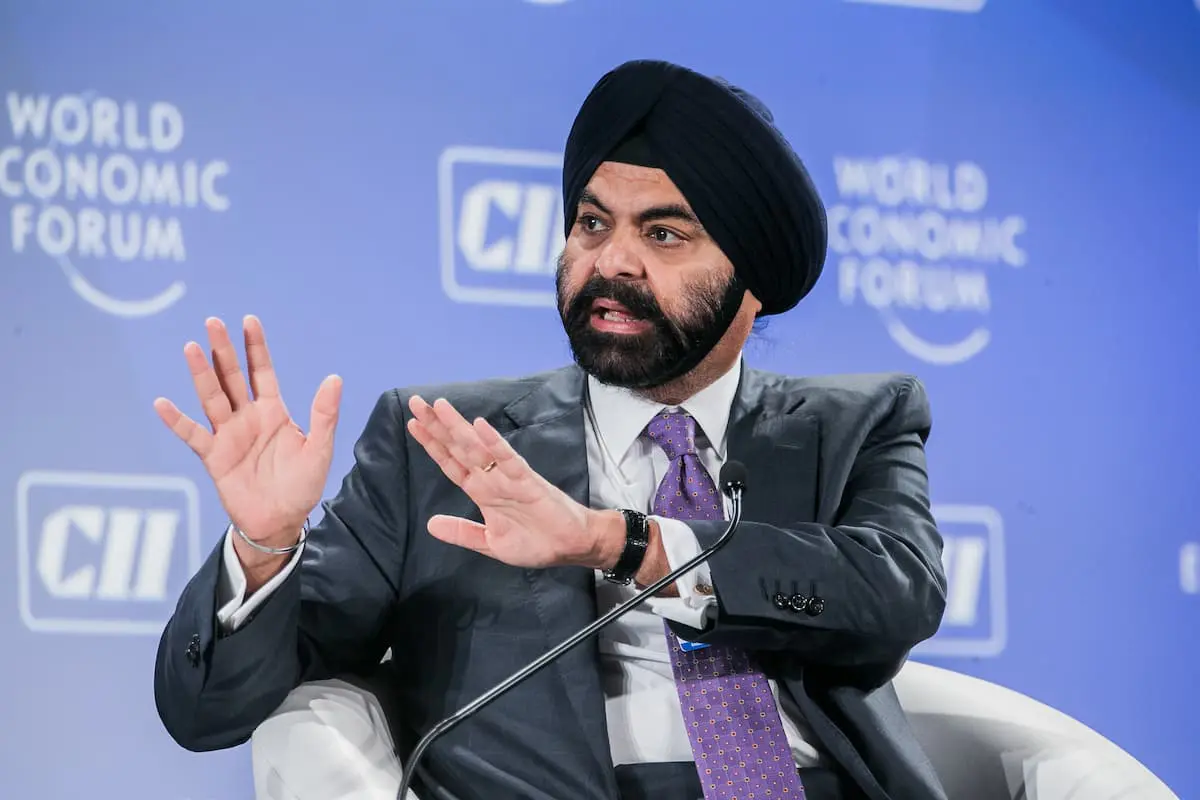 Ajay Banga speaking on a panel at the World Economic Forum